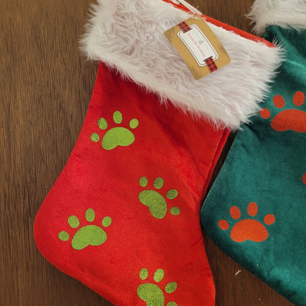 2 Dog Cat Pet Paw Print Christmas Stockings 1 Red 1 Green Furry Top Glitter Paws - Picture 3 of 5
